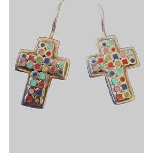 Multi-Semiprecious Gemstone Sterling Silver Cross Earrings
